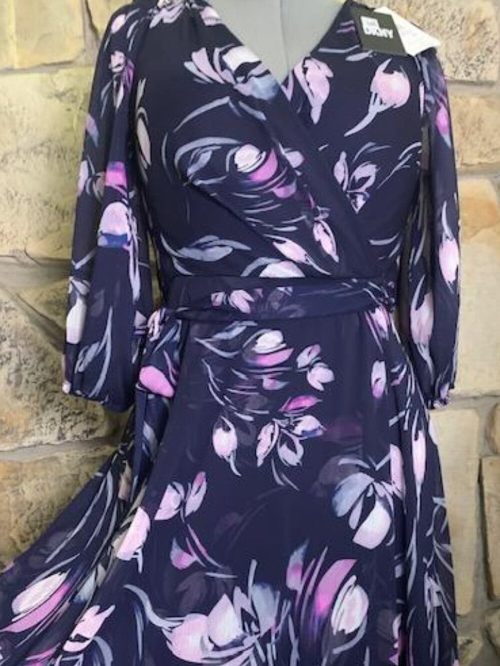 NWT DKNY Floral Chiffon Faux Wrap Midi Dress Long Balloon Sleeve Navy Pink